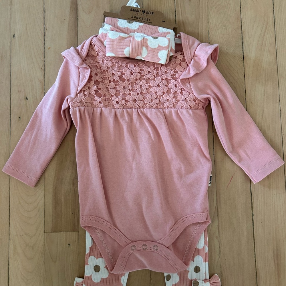 Rabbit + Bear Organic - Pink Baby Onesie and Floral Pants with matching Headband